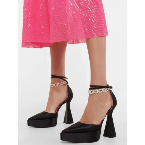 MACH & MACH Bow Chain embellished satin platform pumps NWB Size 37.5 - Picture 4 of 14